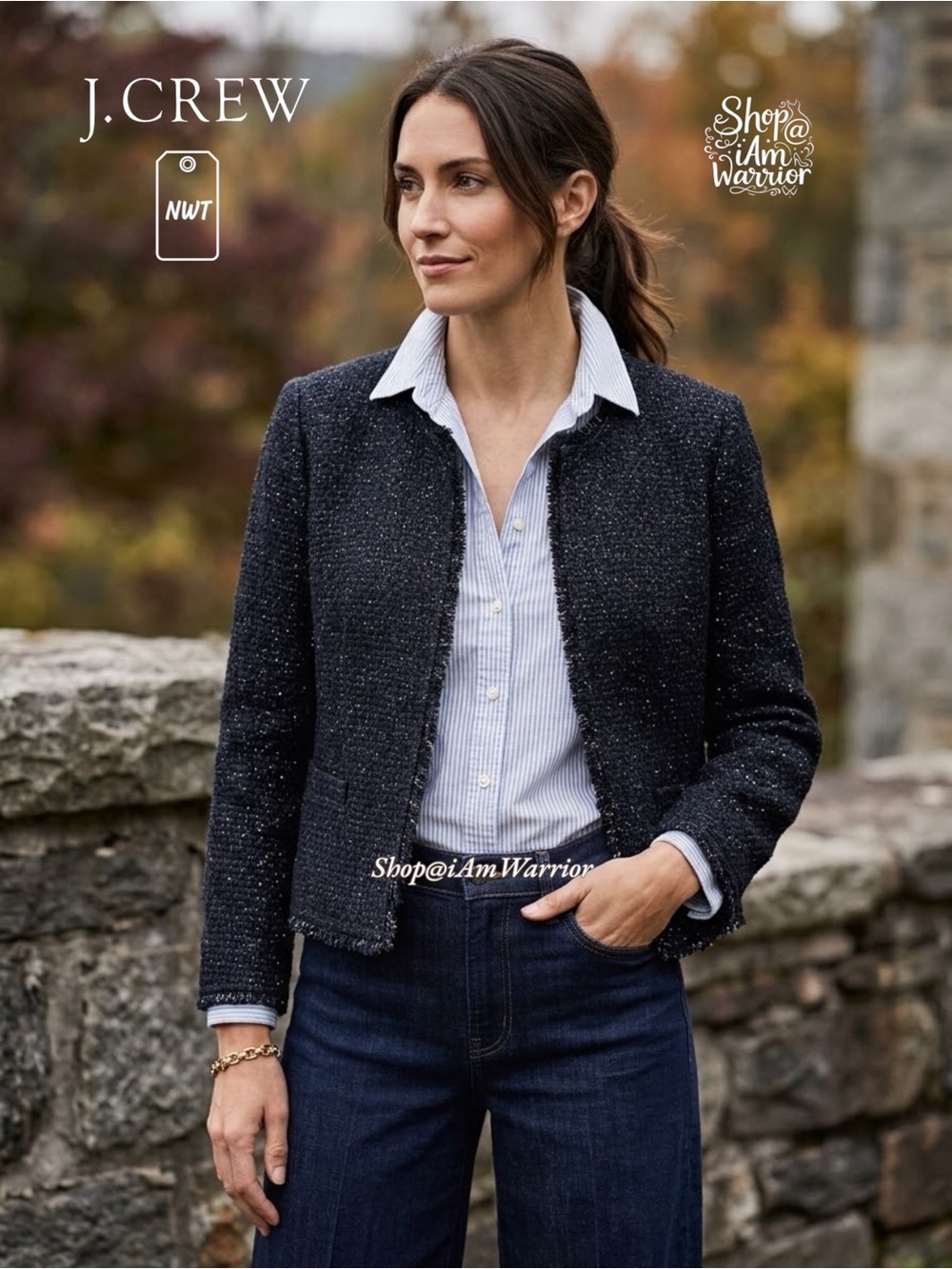 J.Crew NWR Navy Metallic Tweed Fringe Collarless Jacket *shop@iamwarrior
